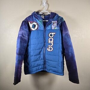 Bang Jacket Mens Medium Blue‎ Hooded Puffer Galaxy Print Bang Energy Logo Zip